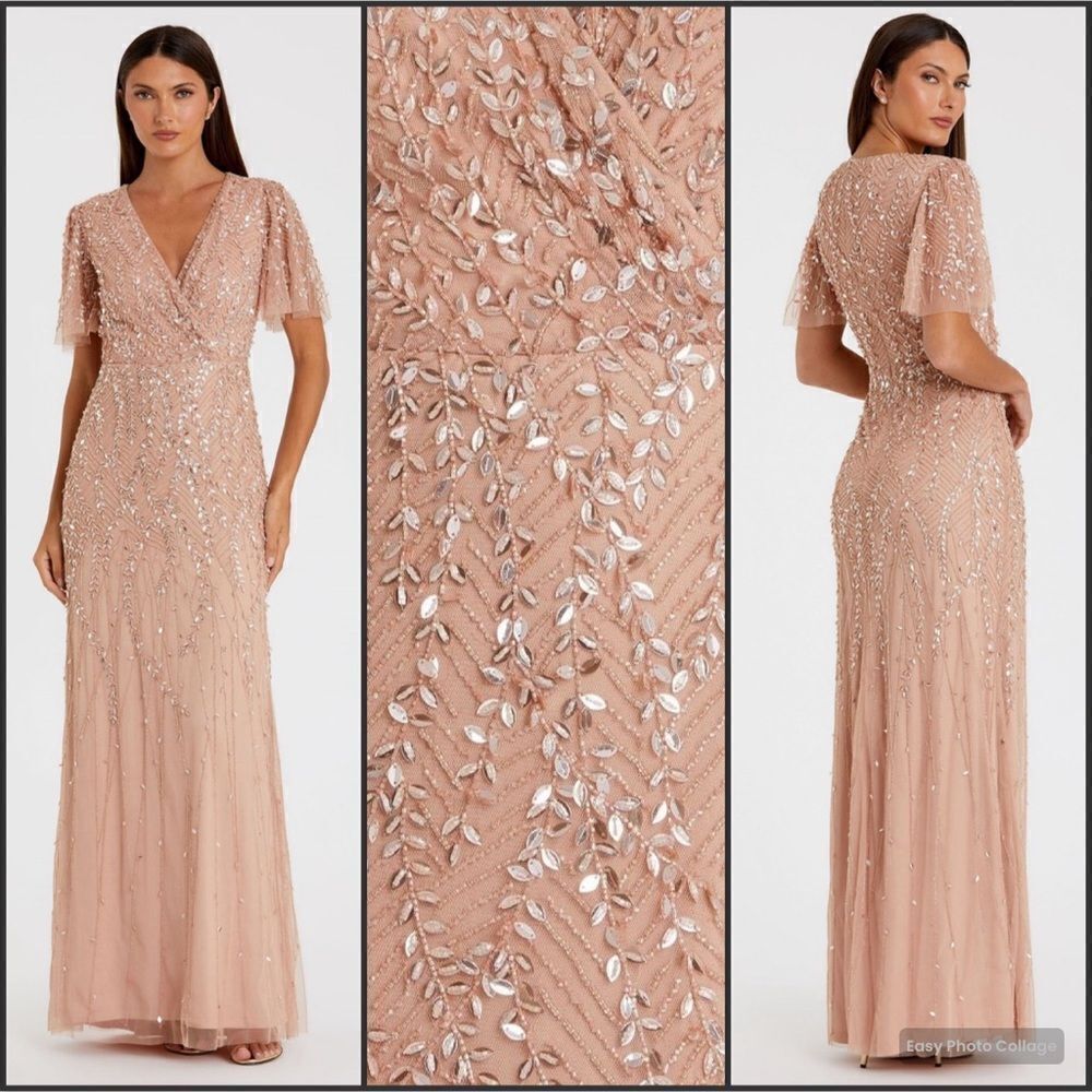Mac Duggal 35109 Pink Embellished Flutter Sleeve Gown Dress MOB $698